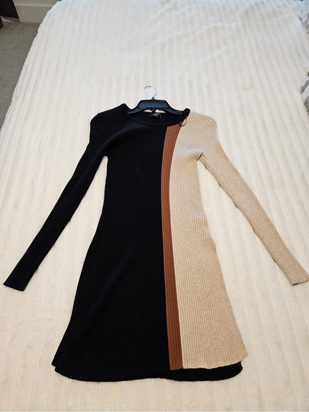 Alfani Black, Beige & Brown Ribbed Colorblock Long Sleeve Dress